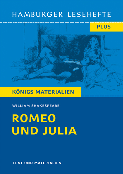 Blauer und gelber Bucheinband für Romeo und Julia von William Shakespeare, mit einer Skizze zweier Figuren, eine liegend, eine sitzend, mit deutschem Text und der Serienbezeichnung Hamburger Lesehefte.