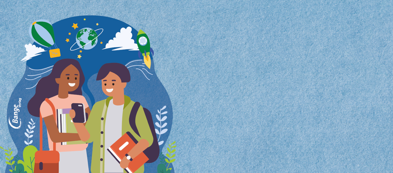 Illustration von zwei lächelnden Studenten, die Bücher und ein Telefon halten und zusammen stehen. Der Hintergrund enthält einen Globus, eine Rakete, einen Heißluftballon und weiße Kritzeleien auf einem blauen, strukturierten Hintergrund, mit Pl...