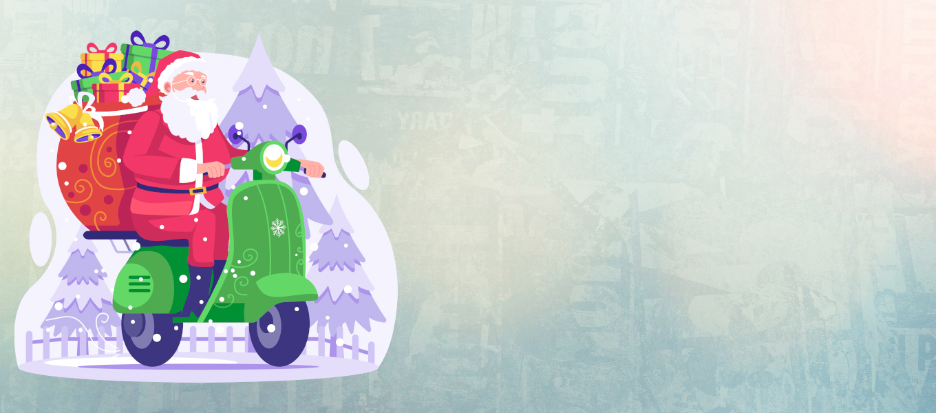 Der Weihnachtsmann fährt auf einem grünen Roller mit einem großen Sack voller bunter Geschenke auf dem Rücken an schneebedeckten Bäumen mit einem verschneiten Hintergrund und einem pastellblauen Farbverlauf auf der rechten Seite vorbei.