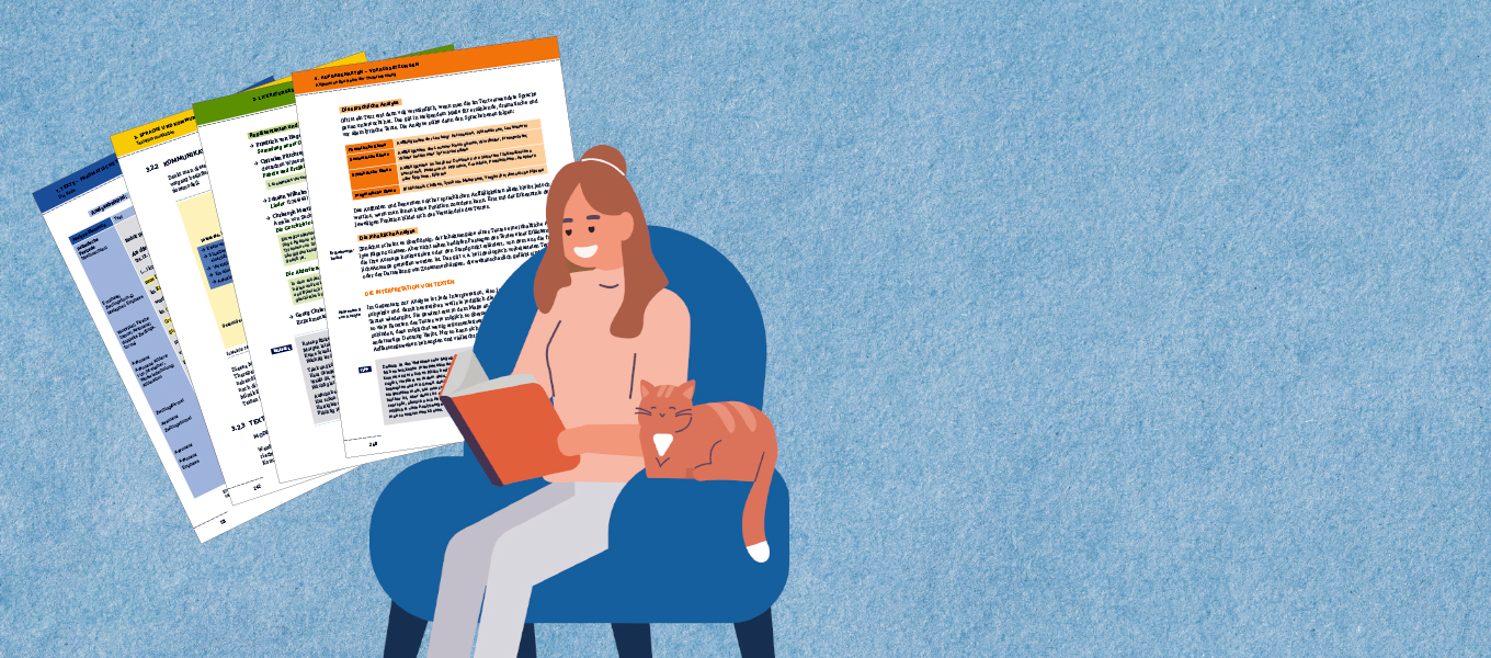 Eine lächelnde Frau sitzt in einem blauen Stuhl und liest ein Buch mit einer Katze auf dem Schoß; neben ihr sind bunte Dokumente auf einem blau strukturierten Hintergrund zu sehen.